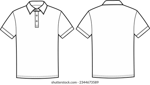 Polo t shirt flat sketch. Casual wear apparel design. Front and back. Men CAD mockup. Fashion technical drawing template. Vector illustration.