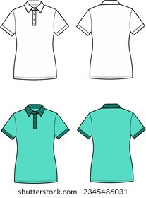 Polo t shirt flat sketch. Casual wear apparel design. Front and back views. Women CAD mockup. Fashion technical drawing template. Vector illustration.