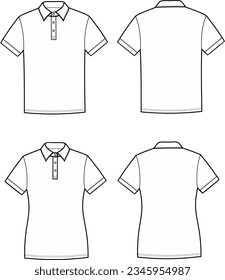 Polo t shirt flat sketch. Casual wear apparel design. Front and back. Men and women CAD mockup. Vector illustration.