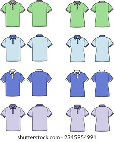 Polo t shirt flat sketch. Casual wear apparel design. Front and back. Men and women CAD mockup. Technical drawing template. Vector illustration.