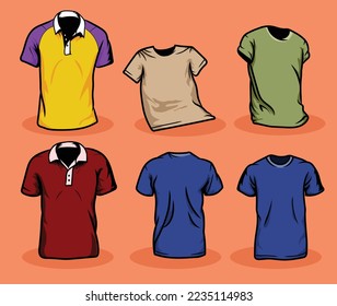 Polo and t shirt mock up in different editable colors. Can be used by clothing brands to advertise their designs in a unique cartoon style vectors. PNG apparel in different angles gives you ideas