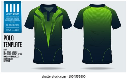 Polo t shirt sport design template for soccer jersey, football kit or sport club. Green sport uniform in front view and back view lay out. T-shirt mock up for sport club. Vector Illustration.