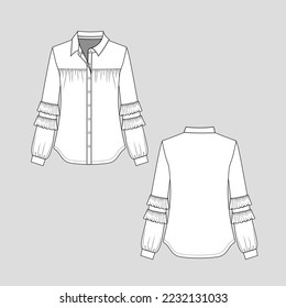 Polo t shirt top long sleeve with cuffs ruffles frill trim  full open button panel Gathering collar shirt blouse fashion flat sketch drawing template vector