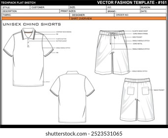 POLO TEE AND CHINO SHORTS FLAT SKETCH FASHION TEMPLATE TECHNICAL ILLUSTRATION