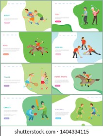 Polo and tennis game vector, british sports and competitions woman playing together using rackets and balls, racing and curling, cricket football. Different types of english sport