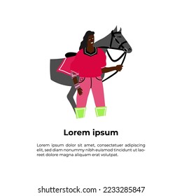 Polo tournament, game flat vector banner template.  Competition, contest announcing poster design idea. Girl with horse, female player of polo with sports facilities cartoon character.