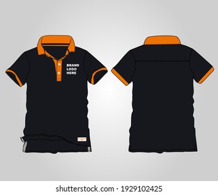Polo T-shirt black and orange vector illustration template with grey background