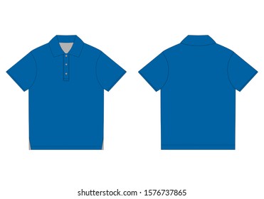 Polo t-shirt design template in blue colors. Front and back technical sketch unisex polo t shirt. Vector illustration