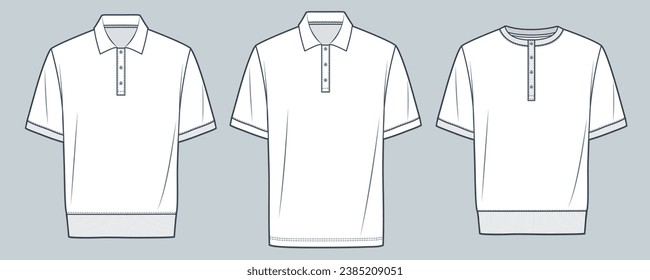 Polo T-Shirt modische flache technische Zeichnungsvorlage. Tasten Tee Shirt technische Mode Illustration, kurze Ärmel, entspannte Passform, Frontansicht, weiß, Frauen, Männer, unisex CAD-Modell-Set.