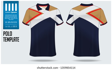 Polo t-shirt mockup template design for soccer jersey, football kit or sportswear. Sport uniform in front view and back view. T-shirt mock up for sport club. Fabric pattern. Vector Illustration.