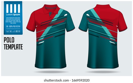 Polo t-shirt mockup template design for soccer jersey, football kit or sportswear. Sport uniform in front view and back view. T-shirt mock up for sport club. Fabric pattern. Vector Illustration.