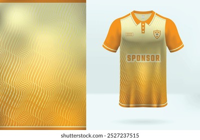 Polo t-shirt mockup template design for sport jersey, football kit or sportswear with orange and yellow gradient background colors