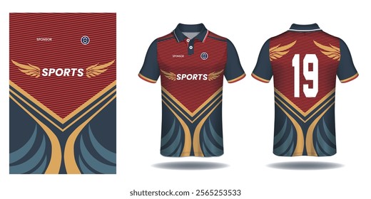 Polo t-shirt mockup template design for soccer jersey, football kit or sportswear. Sport uniform in front view and back view. T-shirt mock up for sport club. Fabric pattern. Vector Illustration.