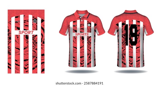 Polo t-shirt mockup template design for soccer jersey, football kit or sportswear. Sport uniform in front view and back view. T-shirt mock up for sport club. Fabric pattern. Vector Illustration.