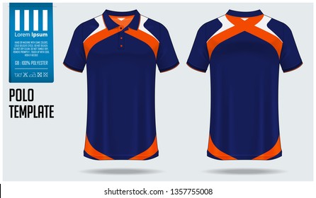 Polo t-shirt template design for soccer jersey, football kit or sportswear. Sport uniform in front view and back view. T-shirt mock up for sport club. Fabric pattern. Vector Illustration.