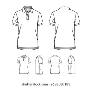 Polo T-shirt vector line drawing template set mock up isolated on white background. Flat technical drawing template. Unisex T-Shirt illustration front, Side and back view. Polo T-shirt Mock-up.