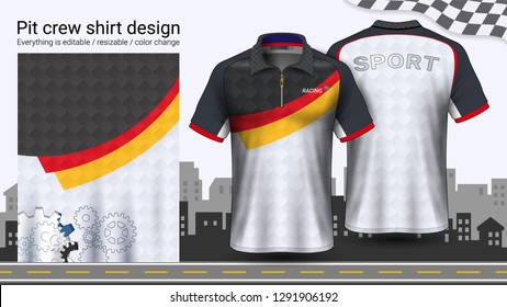 Polo t-shirt with zipper, Racing uniforms mockup template for Active wear and Sports clothing, such as, Racing apparel, Karting, Pit crew, Mechanic overalls, Everything is editable and Color change.