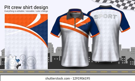 Polo t-shirt with zipper, Racing uniforms mockup template for Active wear and Sports clothing, such as, Racing apparel, Karting, Pit crew, Mechanic overalls, Everything is editable and Color change.