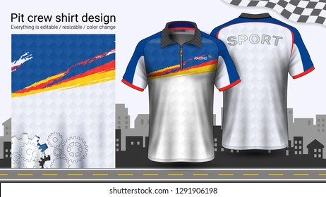 Polo t-shirt with zipper, Racing uniforms mockup template for Active wear and Sports clothing, such as, Racing apparel, Karting, Pit crew, Mechanic overalls, Everything is editable and Color change.