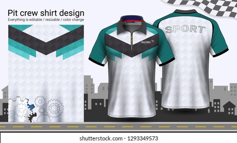 Polo t-shirt with zipper, Racing uniforms mockup template for Active wear and Sports clothing, such as, Racing apparel, Karting, Pit crew, Mechanic overalls, Everything is editable and Color change.