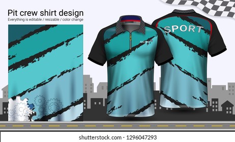 Polo t-shirt with zipper, Racing uniforms mockup template for Active wear and Sports clothing, such as, Racing apparel, Karting, Pit crew, Mechanic overalls, Everything is editable and Color change.