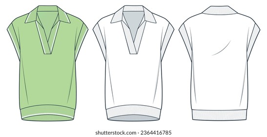 Polo Vest Sweater technical fashion illustration. Sleeveless Sweater fashion flat technical drawing template, v neck, collar, front and back view, white, green, women, men, unisex CAD mockup set.