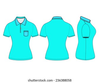 polo woman shirt design templates (front, back and side views). Vector illustration