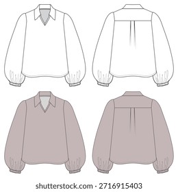 Women’s Polocollar V neck Sweatshirt Technical Flat SketchFront and Back CAD Template ,mockup