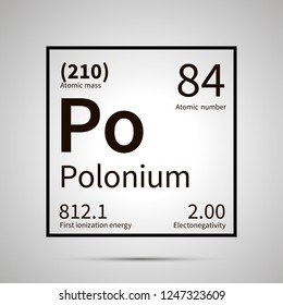 Polonium chemical element with first ionization energy, atomic mass and electronegativity values ,simple black icon with shadow on gray