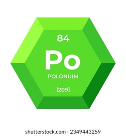 El polonio es el elemento químico número 84 del grupo metaloide. Icono del elemento químico de la tabla periódica en hexágono 3d. Química infantil, educación elemental.