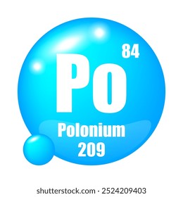 Polonium icon. Po chemical element. Atomic number 84. Mass 209. Blue sphere.