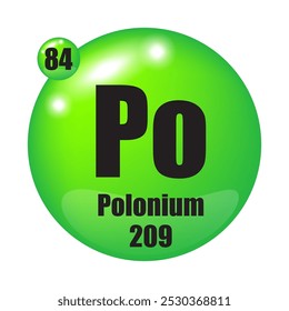 Polonium icon. Po chemical element. Atomic number 84. Mass 209. Green sphere image. Vector symbol.