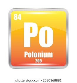 Polonium icon. Po chemical element. Atomic number 84. Mass 209. Yellow square image. Vector symbol.