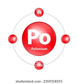 Polonium (Po) Icon structure chemical element round shape circle light red with surround ring. 3D Illustration vector. Period number shows of energy levels of electron. Study science for education