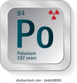 Polonium or Po periodic table element icon on silver metallic button with radioactive sign and Half-life of Most
Stable Isotope vector illustration.