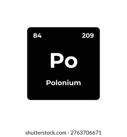 Polonium Po periodic table element tile with atomic number 84 and atomic mass 209, minimalist chemistry icon of a radioactive chemical element from the periodic table for science and education.
