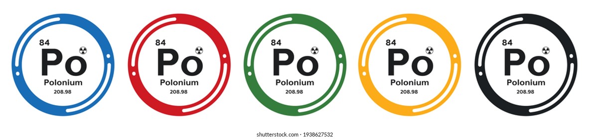 Polonium symbol set. flat design vector illustration in 5 colors options for webdesign.