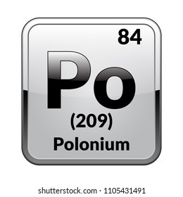 Polonium symbol.Chemical element of the periodic table on a glossy white background in a silver frame.Vector illustration.