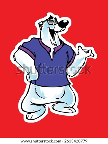 Polo's bear white purple shirt and laughing arrowing towards right, red background polo homemade Italian water ice logo banner card concept design, fresh international graphic logo emblem design