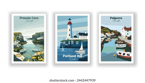 Polperro, Cornwall. Portland Bill, Dorset. Prussia Cove, Cornwall - Set of 3 Vintage Travel Posters. Vector illustration. High Quality Prints