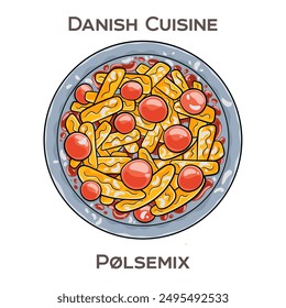 Polsemix is a popular Danish fast food dish consisting of sliced sausages mixed with french fries and topped with various condiments, typically ketchup, remoulade, and raw onions.