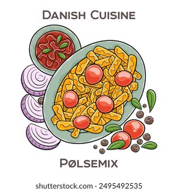 Polsemix is a popular Danish fast food dish consisting of sliced sausages mixed with french fries and topped with various condiments, typically ketchup, remoulade, and raw onions.