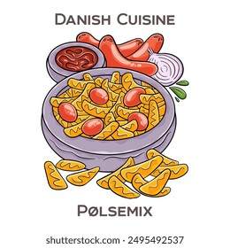 Polsemix is a popular Danish fast food dish consisting of sliced sausages mixed with french fries and topped with various condiments, typically ketchup, remoulade, and raw onions.