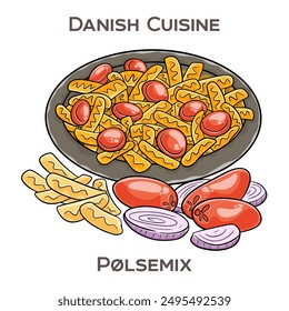 Polsemix is a popular Danish fast food dish consisting of sliced sausages mixed with french fries and topped with various condiments, typically ketchup, remoulade, and raw onions.