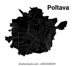 Mapa de la ciudad de Poltava, Ucrania. Fronteras administrativas municipales, mapa de zonas negras y blancas con ríos y carreteras, parques y ferrocarriles. Ilustración vectorial.