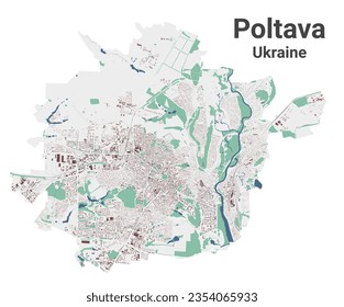 Poltava map, city in Ukraine. Municipal administrative area map with buildings, rivers and roads, parks and railways. Vector illustration.