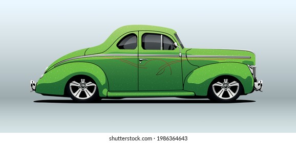 Poltava, Ukraine - June  06, 2021: Ford Coupe. Side view with perspective. Green hot rod, view from side. Vector illustration.