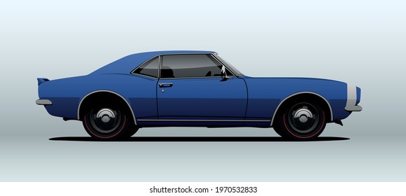Poltava, Ukraine - May  09, 2021: Chevrolet Camaro. Vector illustration. Side view with perspective.