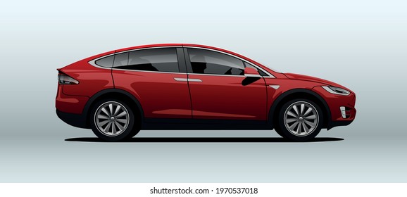 Poltava, Ukraine - May  09, 2021: Tesla Model X. Vector Illustration. Side View With Perspective.