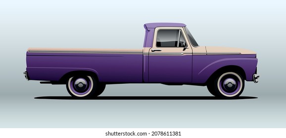 Poltava, Ukraine - November  21, 2021: Ford F100. Pickup truck in side view with perspective. Very high quality vector.